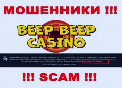 Не работайте совместно с BeepBeepCasino Com, даже зная их лицензию, приведенную на интернет-портале, вы не сумеете спасти финансовые активы