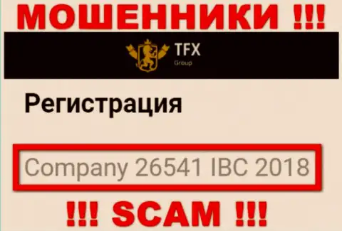 Номер регистрации, который принадлежит жульнической компании TFXGroup  - 26541 IBC 2018