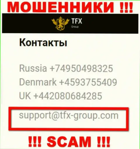 В разделе контактные сведения, на официальном сервисе мошенников TFX FINANCE GROUP LTD, найден был этот e-mail