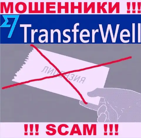 Вы не сможете найти инфу о лицензии internet мошенников TransferWell, т.к. они ее не имеют