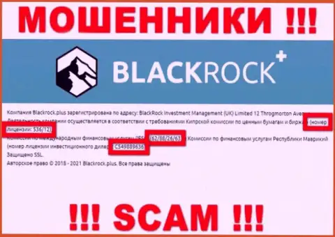 BlackRockPlus скрывают свою мошенническую сущность, представляя у себя на интернет-ресурсе номер лицензии на осуществление деятельности