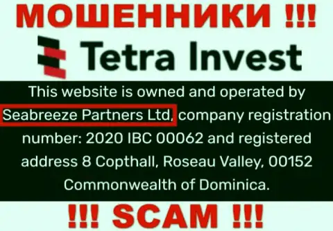 Юридическим лицом, владеющим интернет-обманщиками Tetra-Invest Co, является Seabreeze Partners Ltd