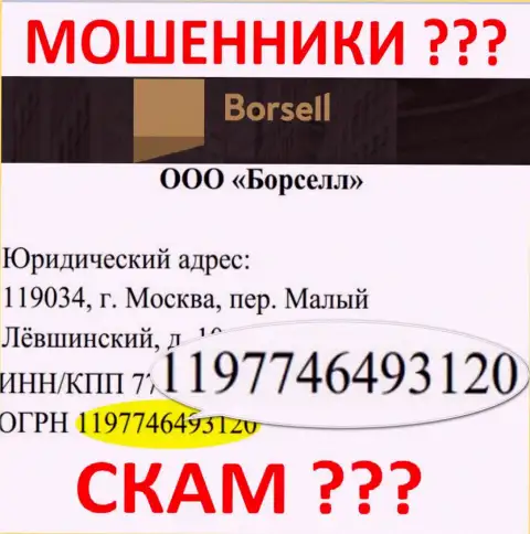 Номер регистрации незаконно действующей конторы Borsell Ru - 1197746493120