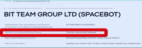 Bit Team (Space Bot Ltd) признаны были Центробанком России финансовой пирамидой
