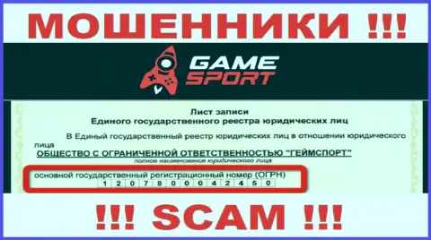 Номер регистрации конторы, которая управляет GameSport - 1207800042450