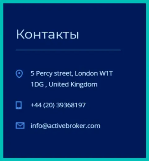 Адрес головного офиса Forex брокерской конторы ActiveBroker Сom, размещенный на официальном сайте данного Форекс брокера